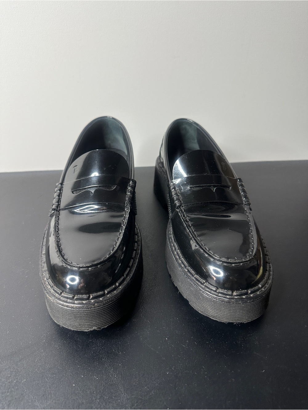 Tod's Black Patent Leather Platform Penny Loafers